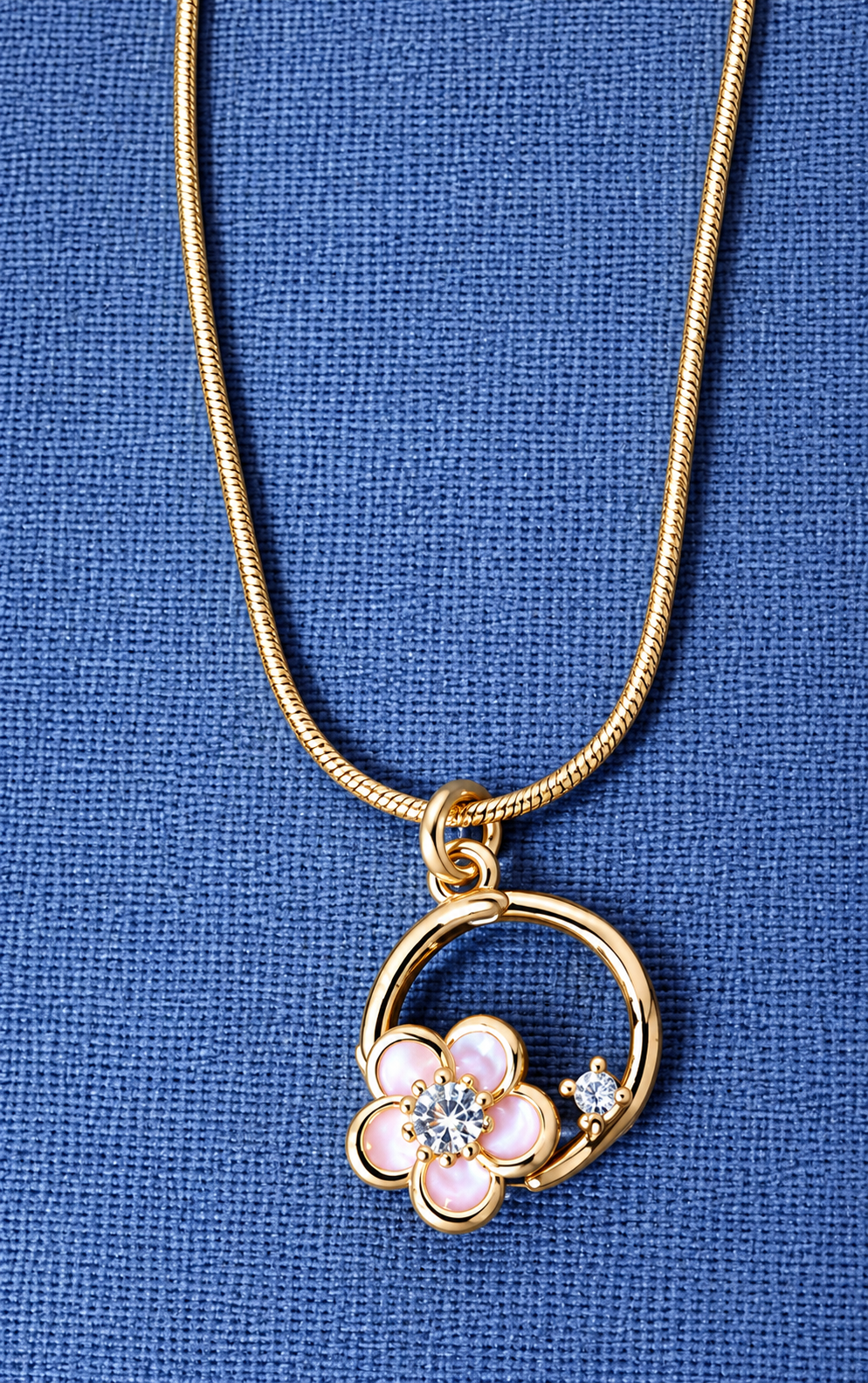 Women Gold Plated Pink Floral Pendant Necklace with Crystal Stone – Elegant Fashion Jewellery