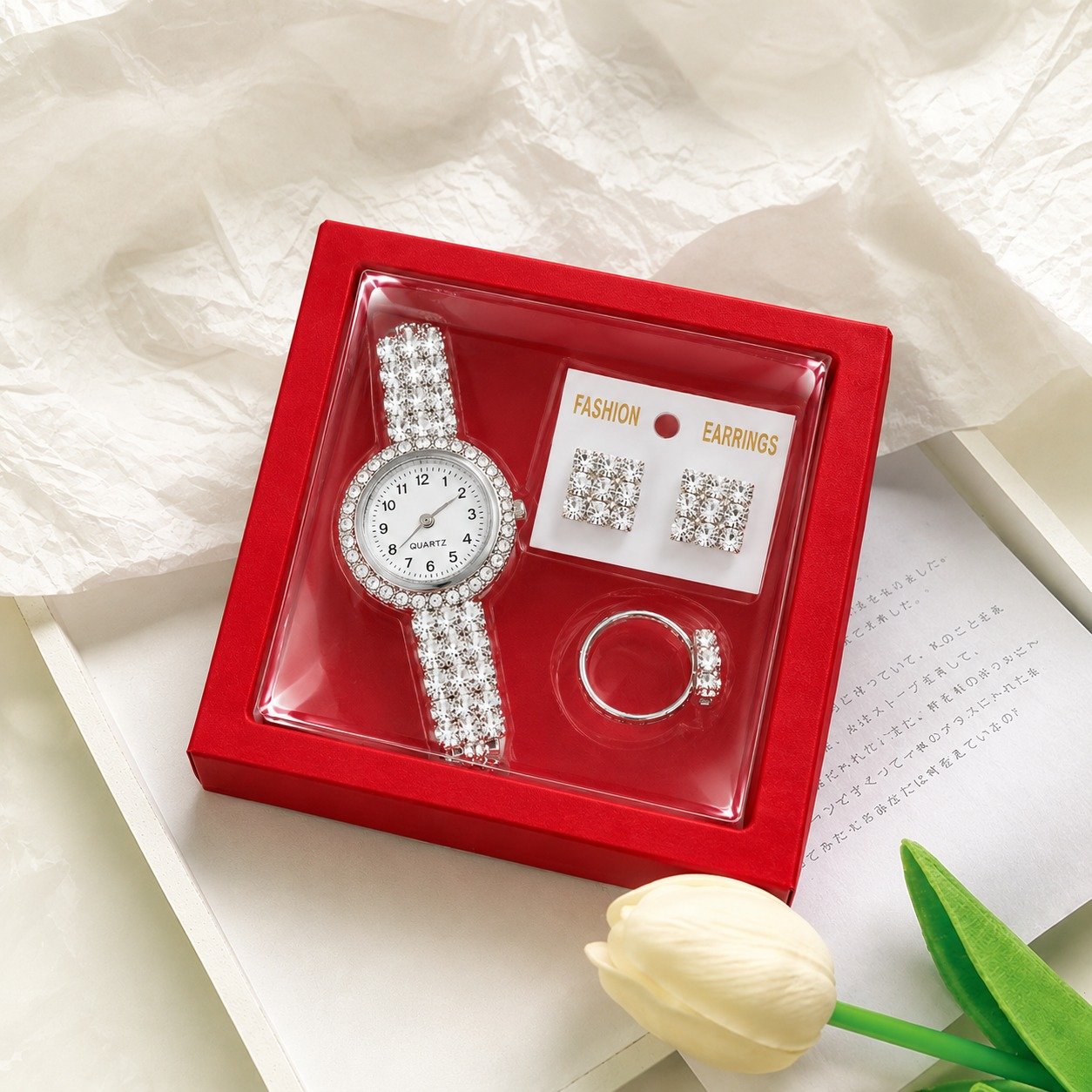 Women Silver Rhinestone Bracelet Watch Gift Set with Matching Earrings & Ring – 4 Piece Jewellery Combo
