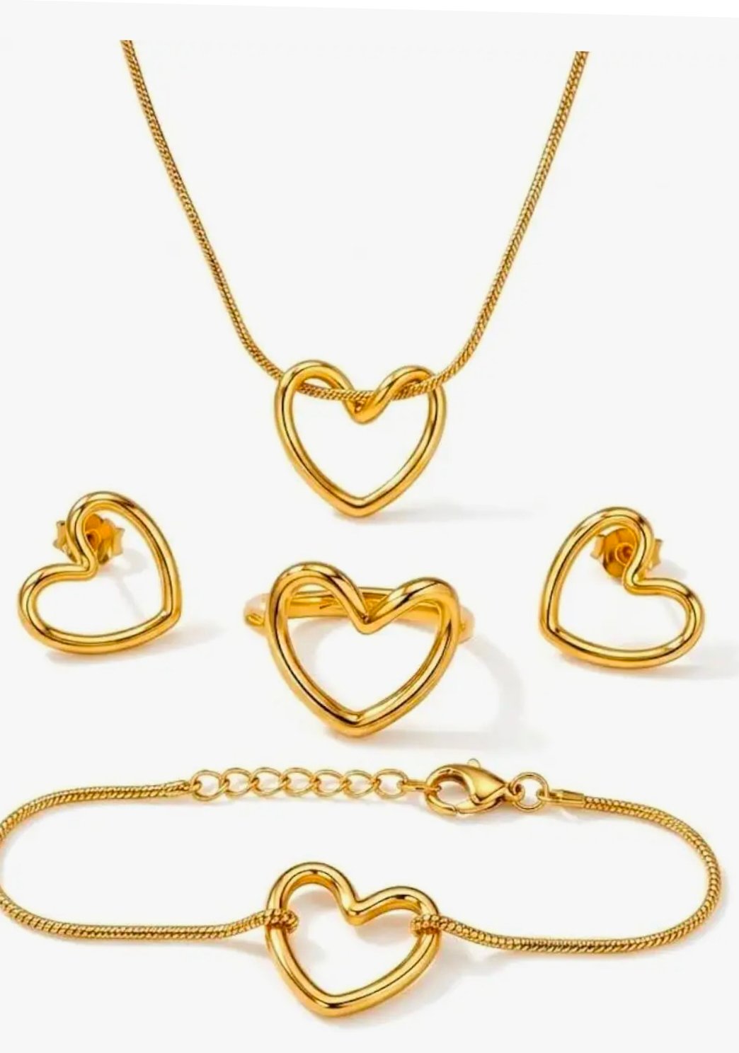 Gold Plated Heart Jewelry Set for Women | Trendy Heart Necklace Bracelet Ring & Stud Earrings Combo | Adjustable Stainless Steel Tarnish Resistant Hypoallergenic Gift Set for Girls & Women